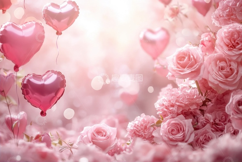 高清大图下载【趣麦麦图】粉色的玫瑰花和心形气球