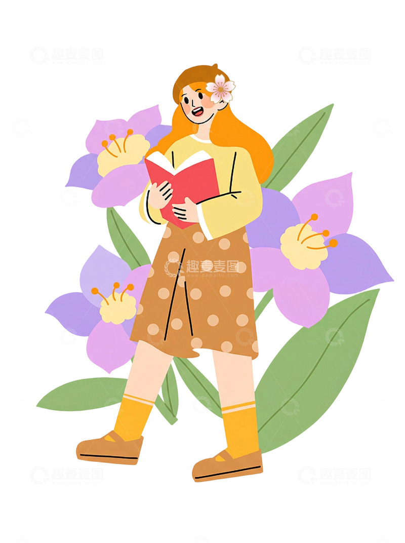 高清大图下载【趣麦麦图】插画风格女性阅读鲜花免扣素材