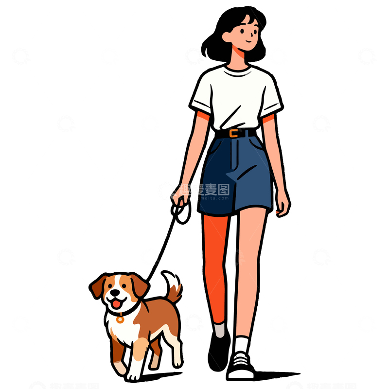 源文件下载【趣麦麦图】卡通女孩遛狗矢量图