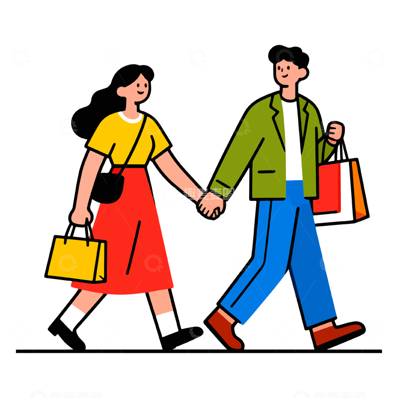 源文件下载【趣麦麦图】卡通情侣购物插画