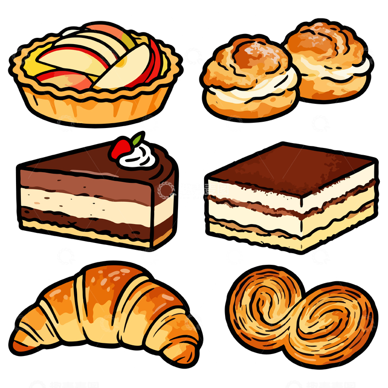 源文件下载【趣麦麦图】卡通风格糕点美食插画
