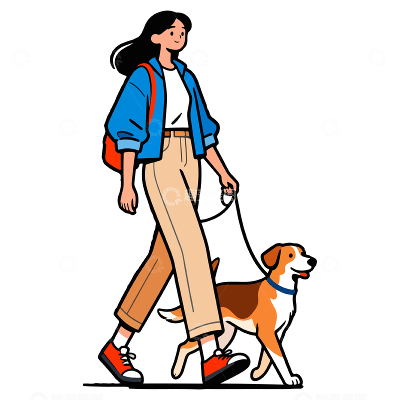 源文件下载【趣麦麦图】卡通女子遛狗插画素材