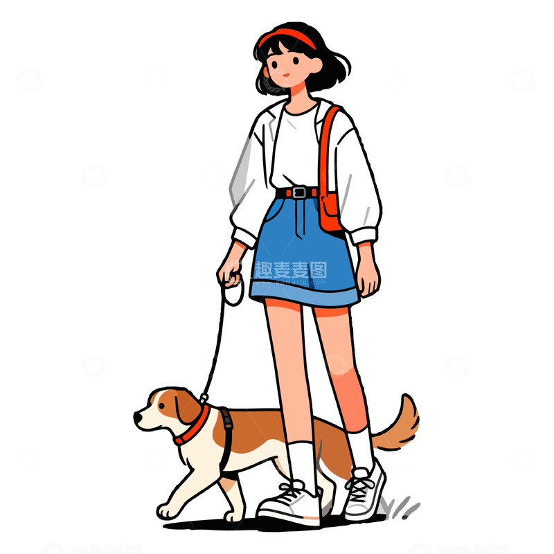 源文件下载【趣麦麦图】时尚女孩遛狗插画