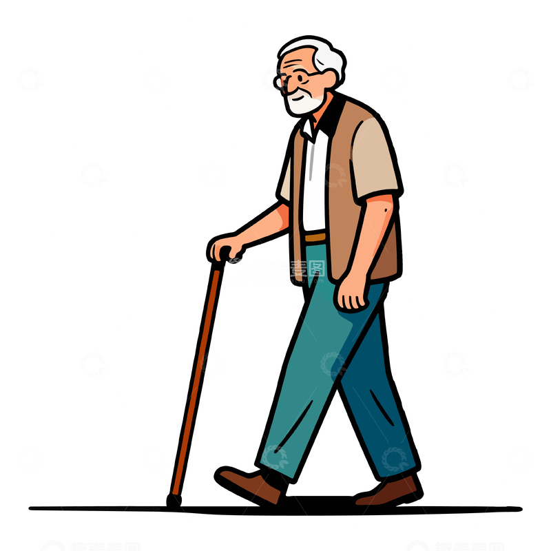 源文件下载【趣麦麦图】卡通风老人拐杖行走素材