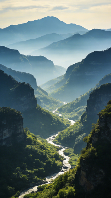 山谷溪流翠绿山峦