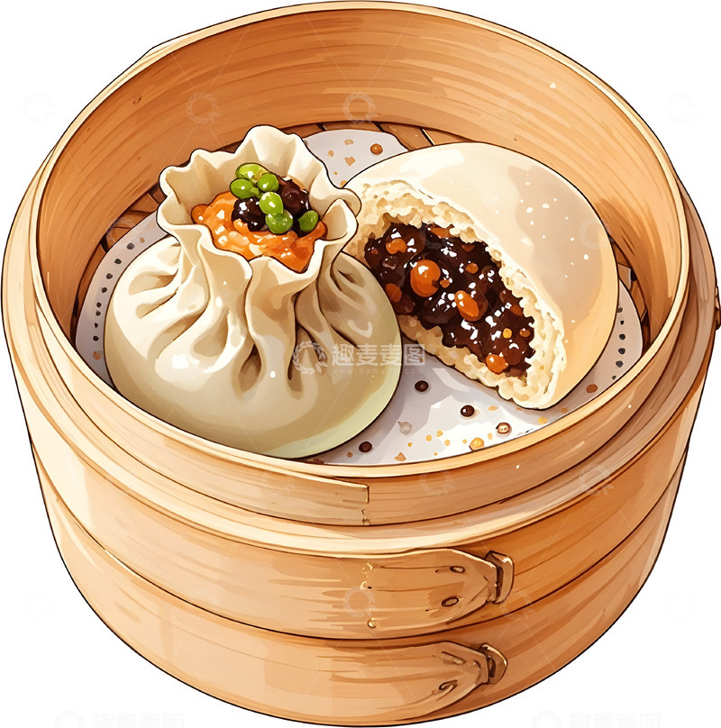 高清大图下载【趣麦麦图】插画风格小笼包烧卖美食图