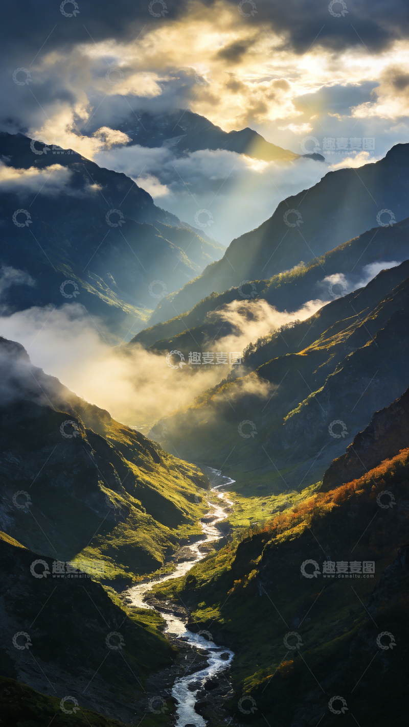 高清大图下载【趣麦麦图】山谷晨曦光影壮丽