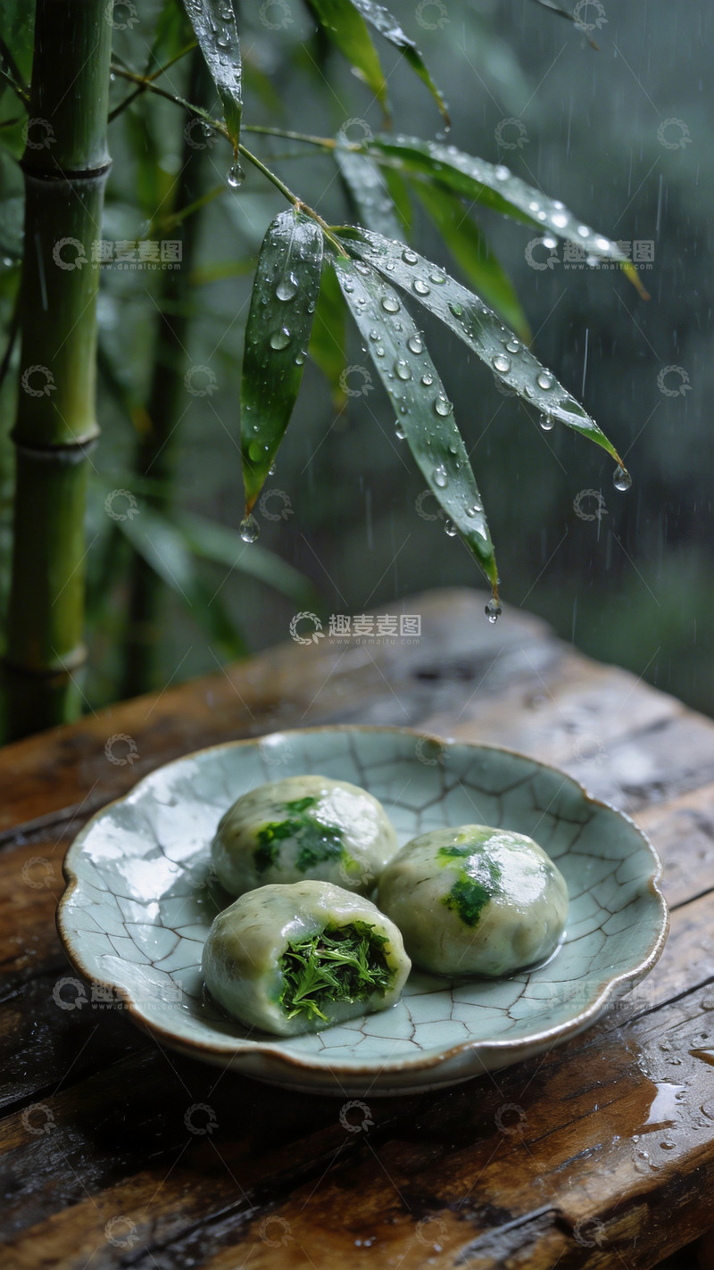 高清大图下载【趣麦麦图】雨天竹林背景青团摄影2