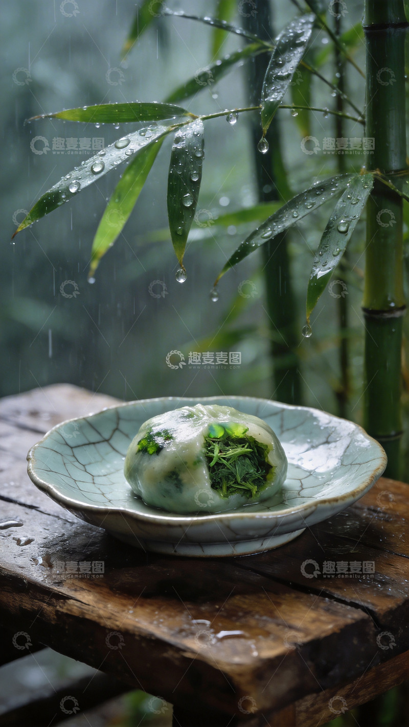 高清大图下载【趣麦麦图】雨天竹林背景青团摄影1