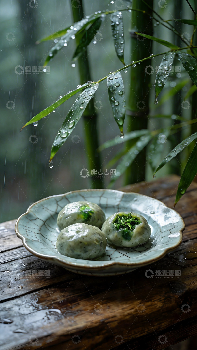 高清大图下载【趣麦麦图】雨天竹林背景青团摄影3