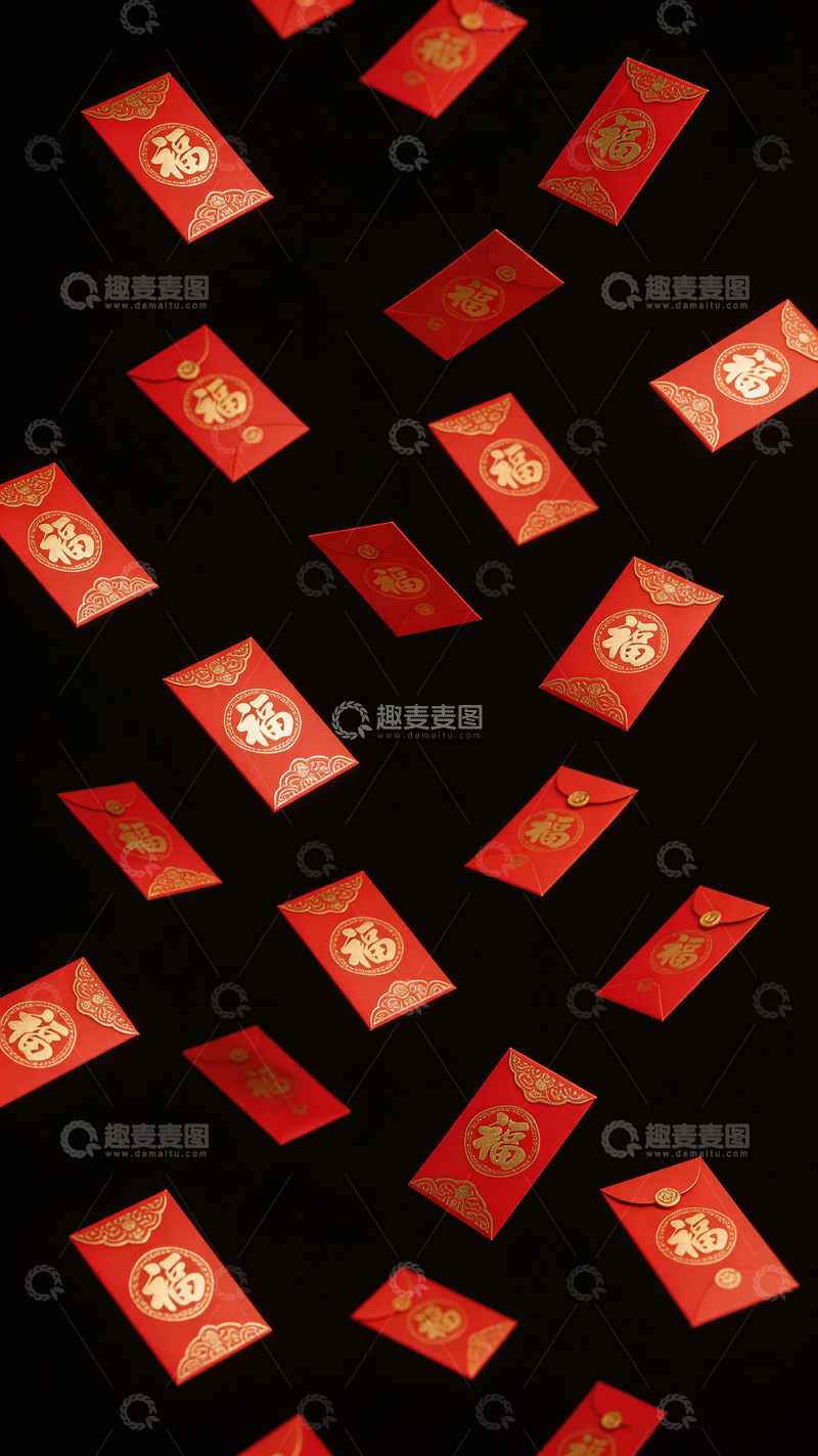 高清大图下载【趣麦麦图】红色福字红包飘落背景