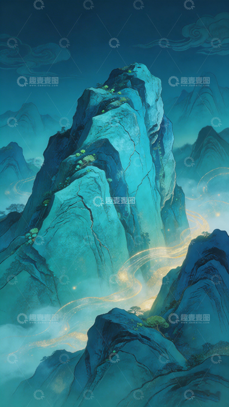 高清大图下载【趣麦麦图】-古风山水画云雾缭绕高峰