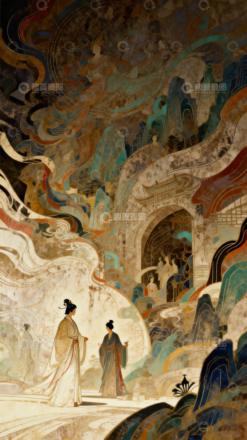 高清大图下载【趣麦麦图】古风仙境山水画人物插画