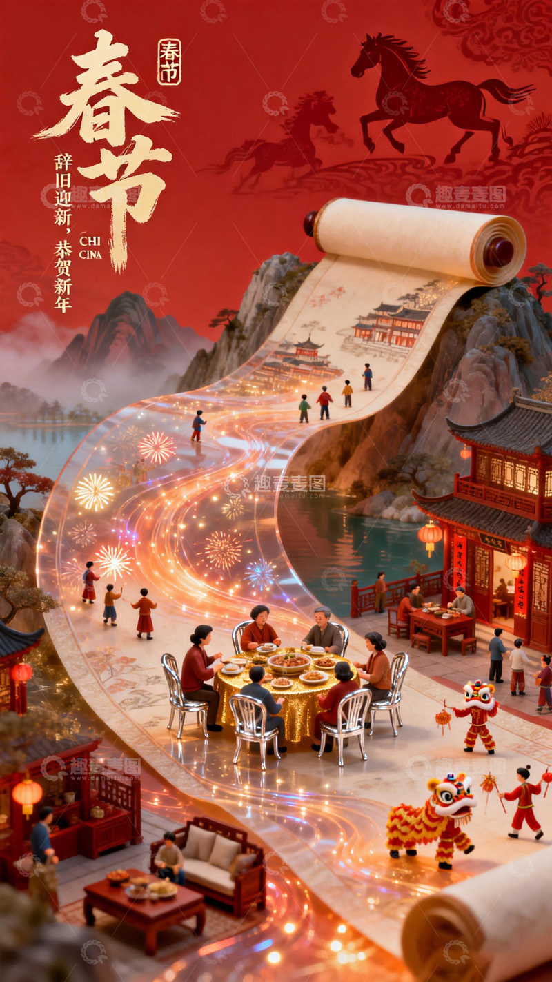 高清大图下载【趣麦麦图】春节欢庆场景立体插画设计素材