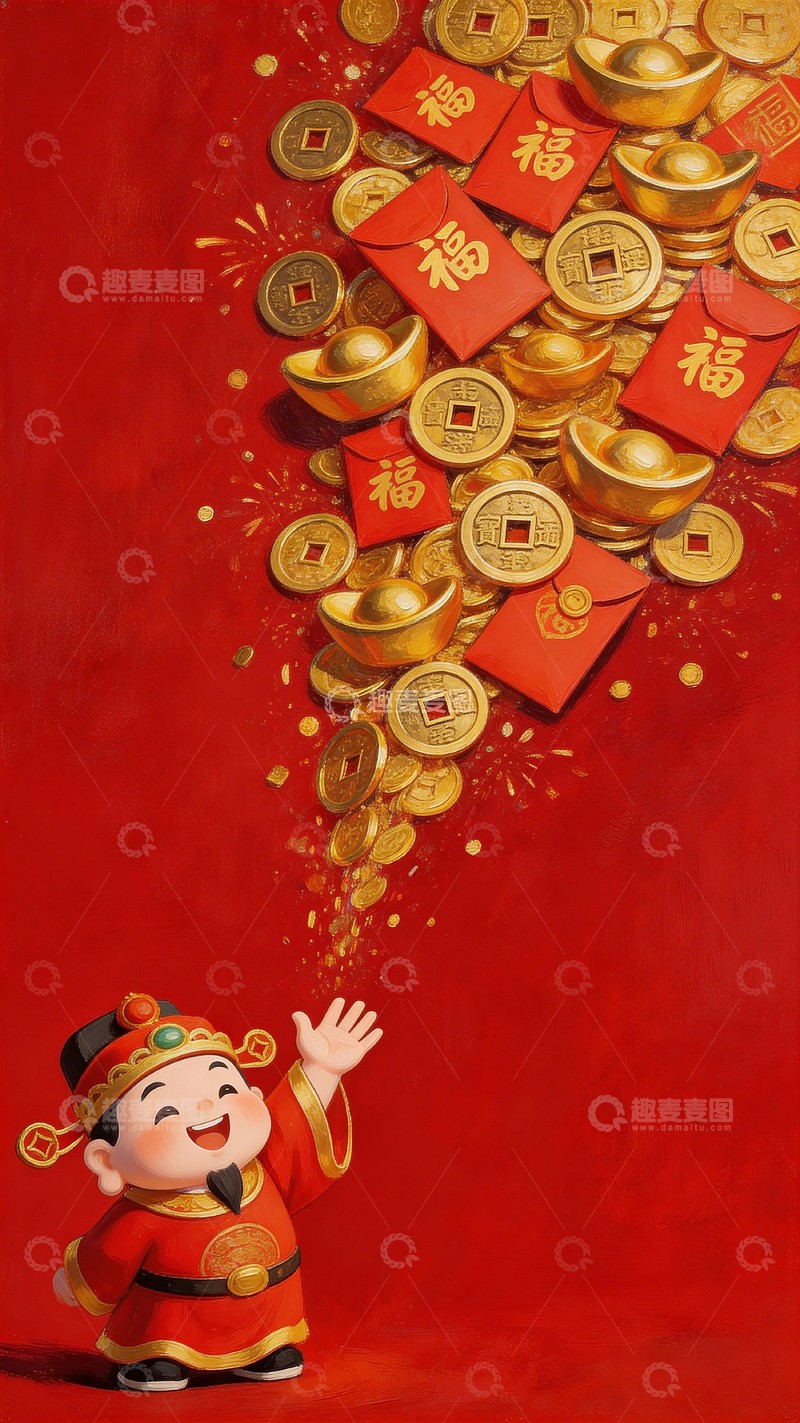 高清大图下载【趣麦麦图】喜庆春节金币红包插画设计