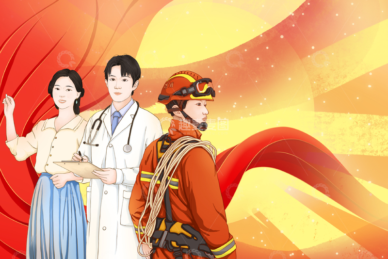 源文件下载【趣麦麦图】五一劳动节消防医护英雄宣传插画