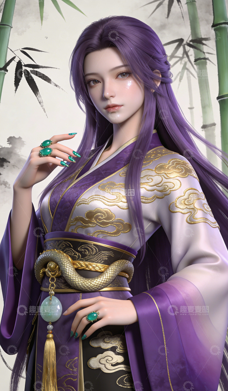 高清大图下载【趣麦麦图】紫色古装美女动漫插画装饰画