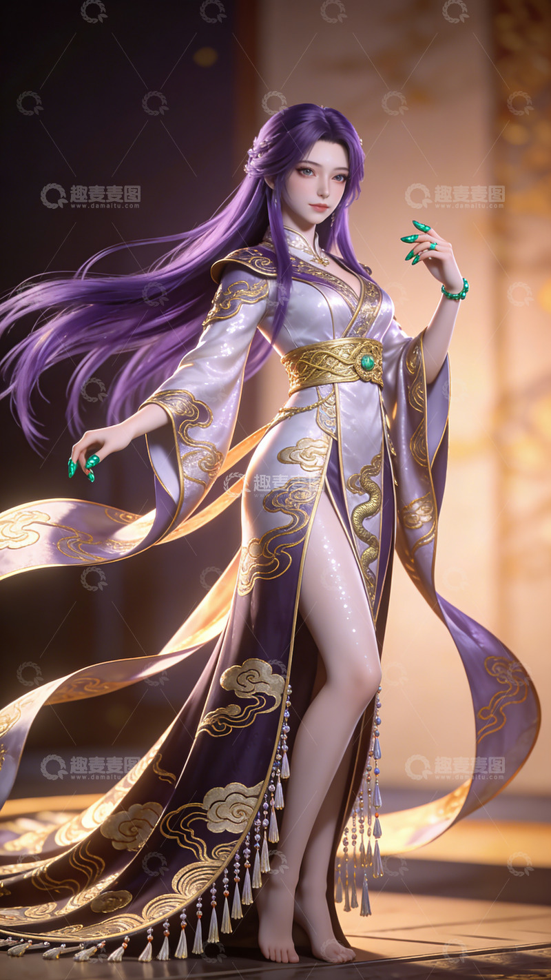 高清大图下载【趣麦麦图】紫衣动漫女性角色华丽服饰插画装饰画