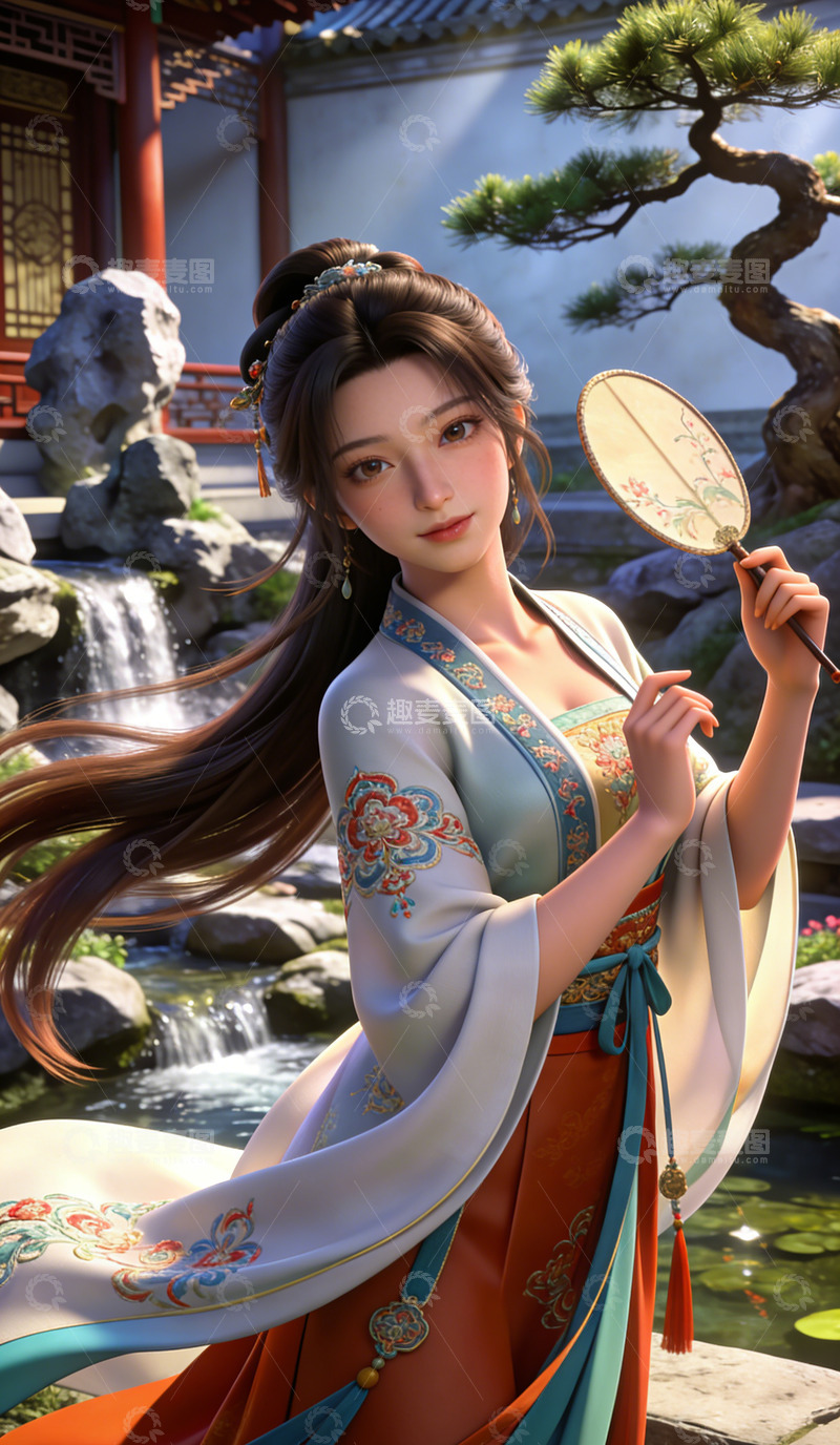 高清大图下载【趣麦麦图】古风汉服女子园林风景图装饰画