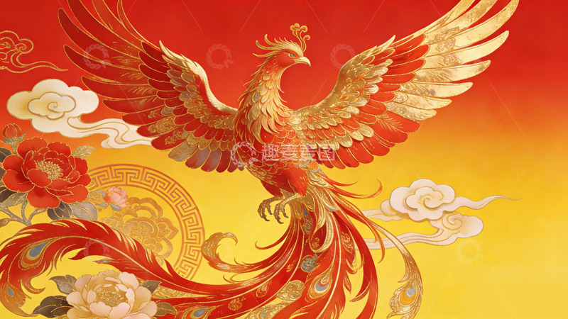 高清大图下载【趣麦麦图】凤凰传统图案金色插画装饰画