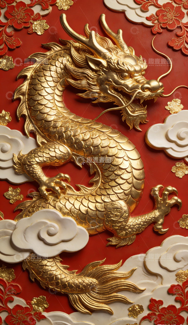 高清大图下载【趣麦麦图】金色龙雕红色背景装饰图案