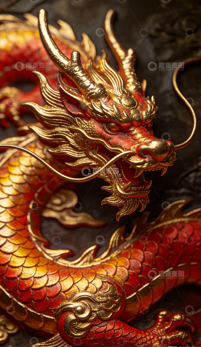 高清大图下载【趣麦麦图】金色红色龙雕塑特写装饰画