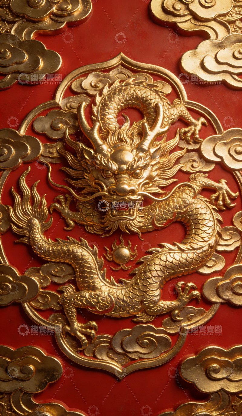 高清大图下载【趣麦麦图】金色龙雕传统装饰图案装饰画
