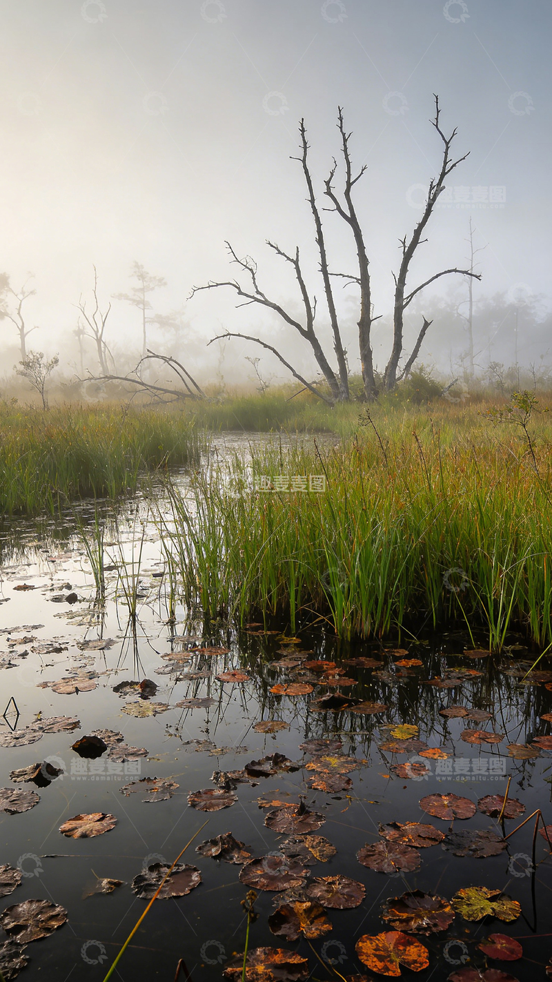 高清大图下载【趣麦麦图】湿地雾霭枯树草丛