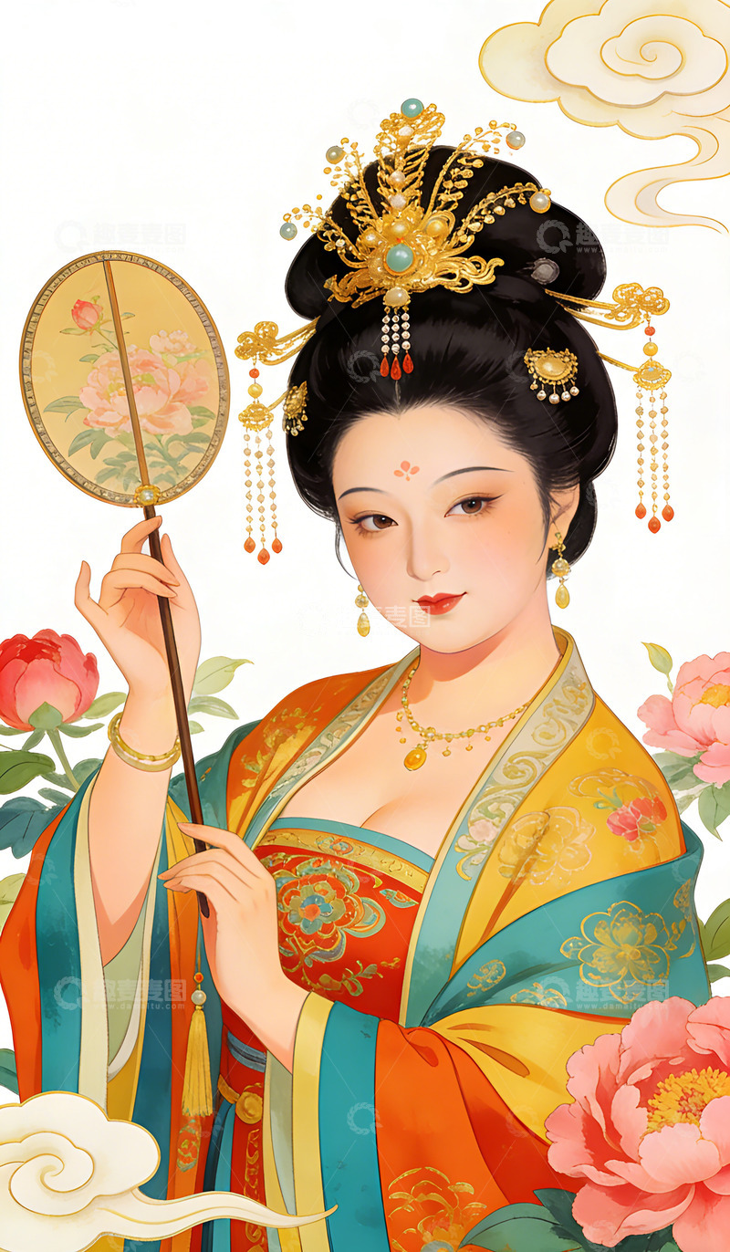 高清大图下载【趣麦麦图】古风美女手持团扇插画