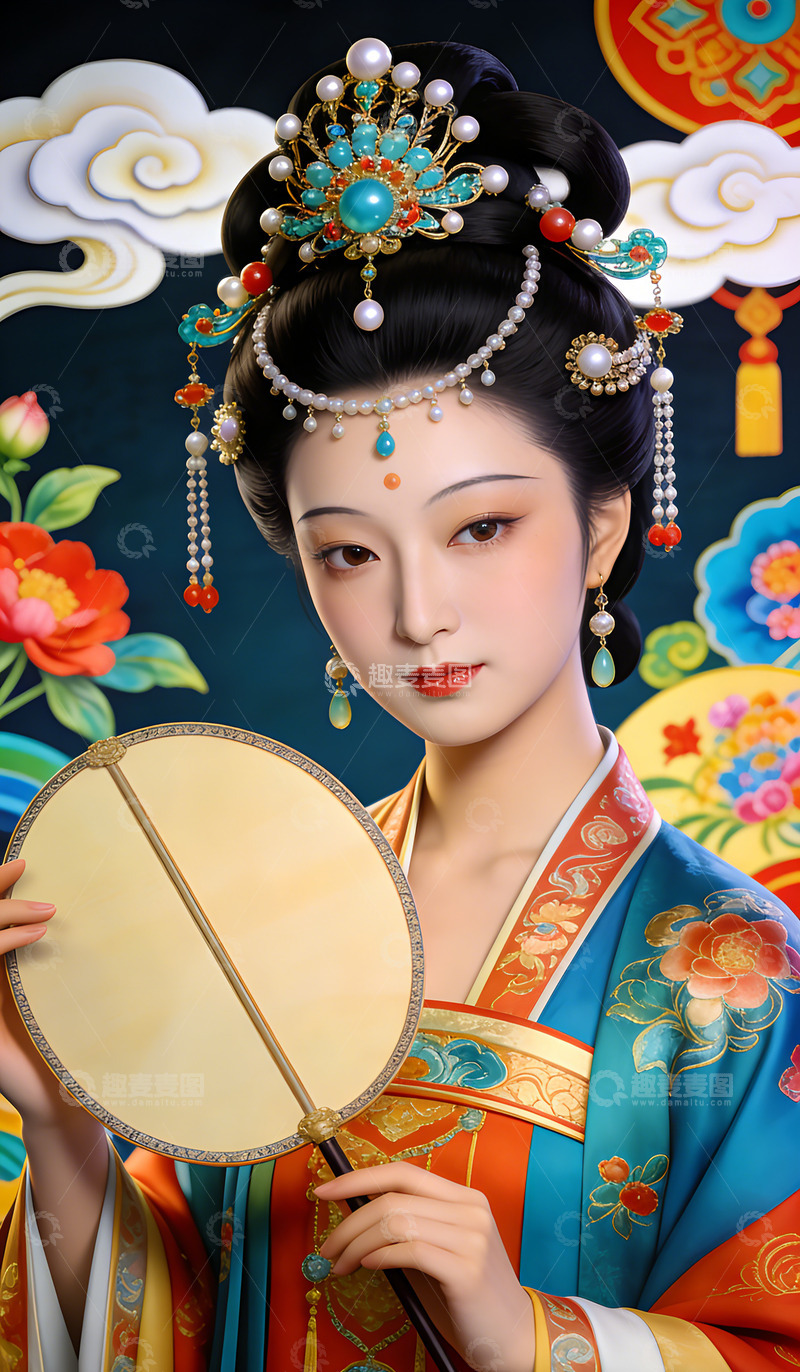 高清大图下载【趣麦麦图】华丽古风仕女手持团扇像
