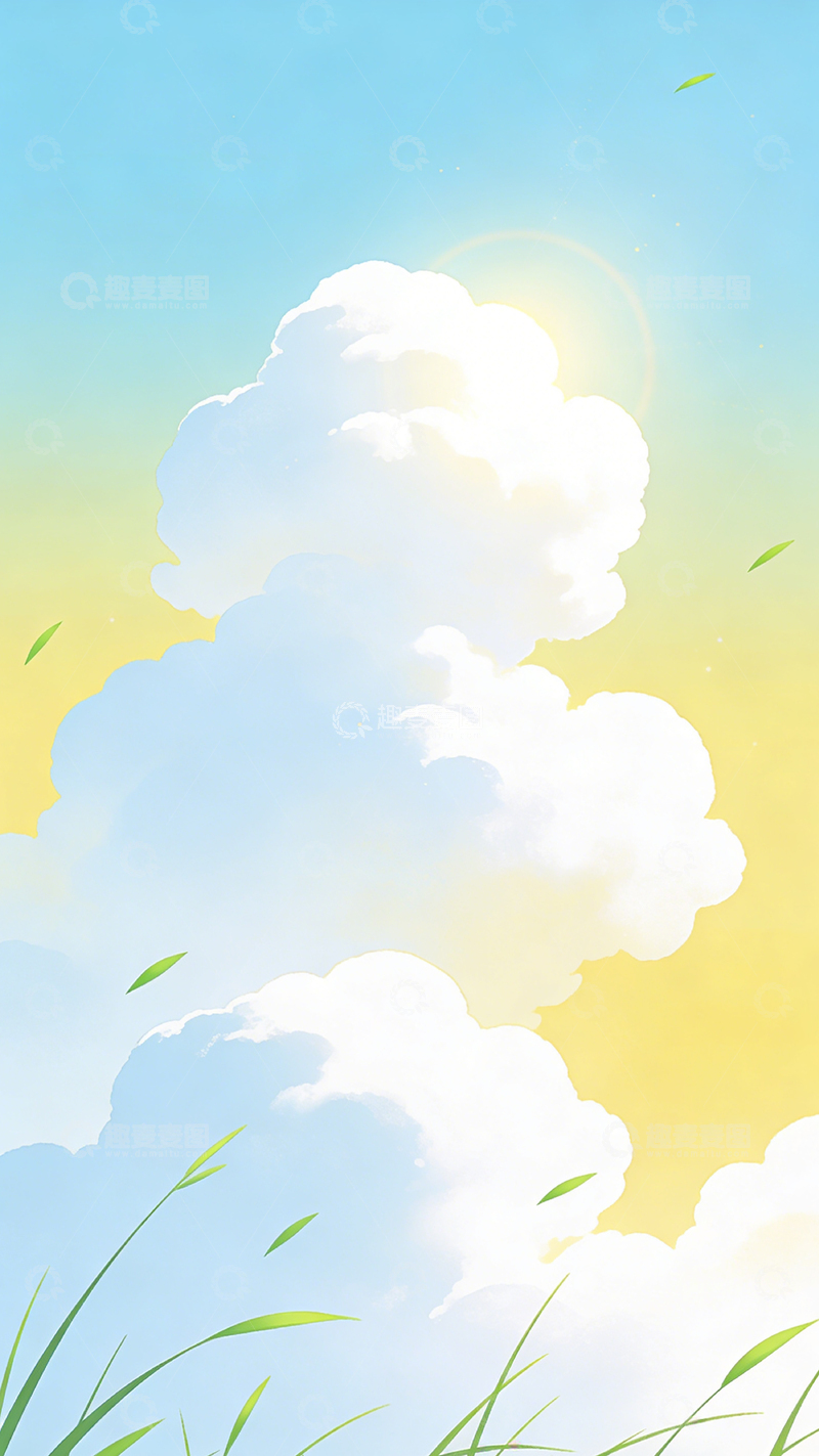 高清大图下载【趣麦麦图】阳光蓝天白云风景插画