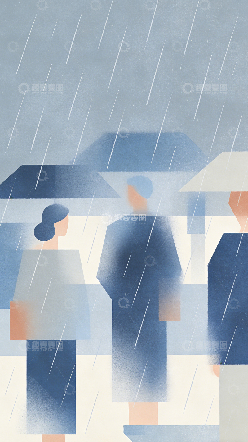 高清大图下载【趣麦麦图】雨中行人抽象插画