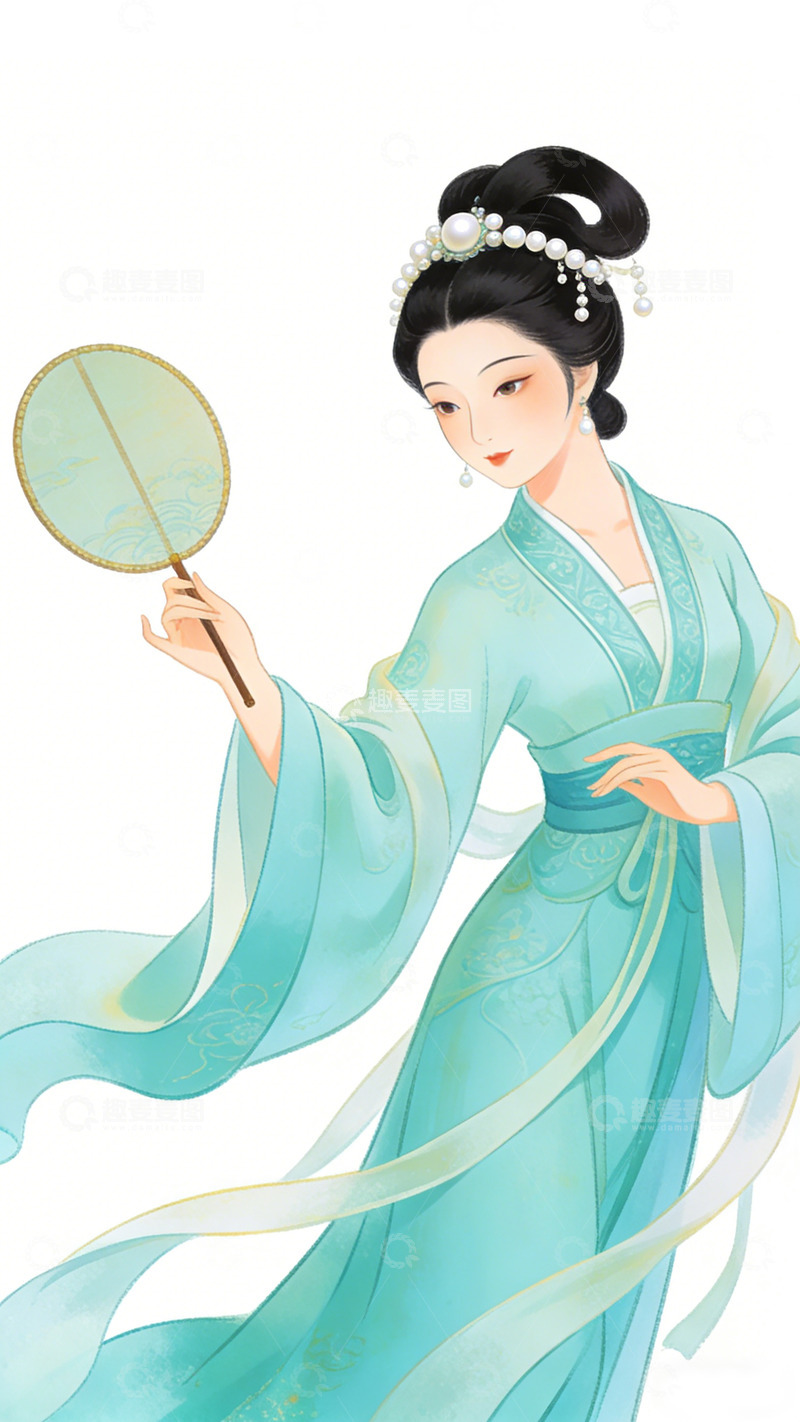高清大图下载【趣麦麦图】古风女子插画淡雅青绿衣裳