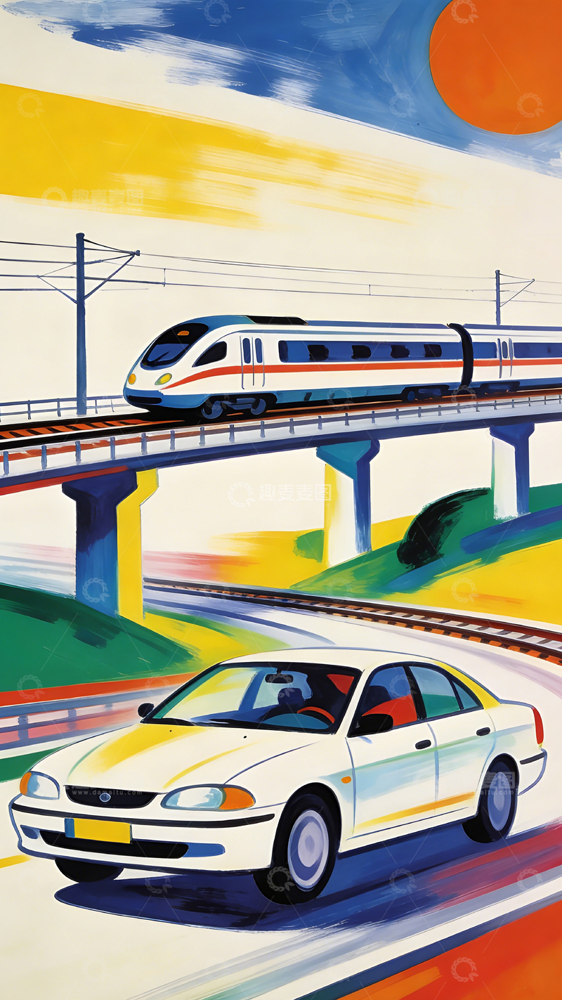 高清大图下载【趣麦麦图】抽象风列车汽车绘画