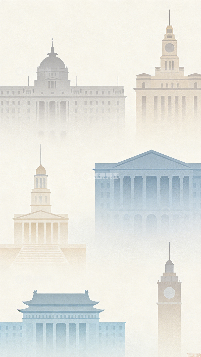 高清大图下载【趣麦麦图】雾中建筑插画