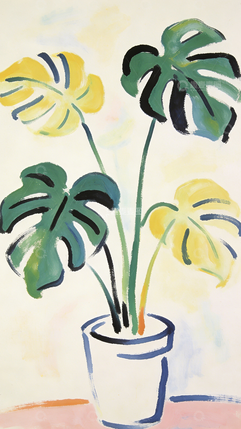 高清大图下载【趣麦麦图】抽象风绿植盆栽绘画设计素材