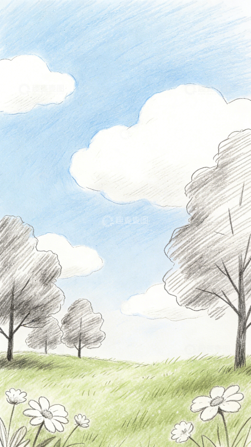 高清大图下载【趣麦麦图】水彩风格草地树木蓝天白云插画