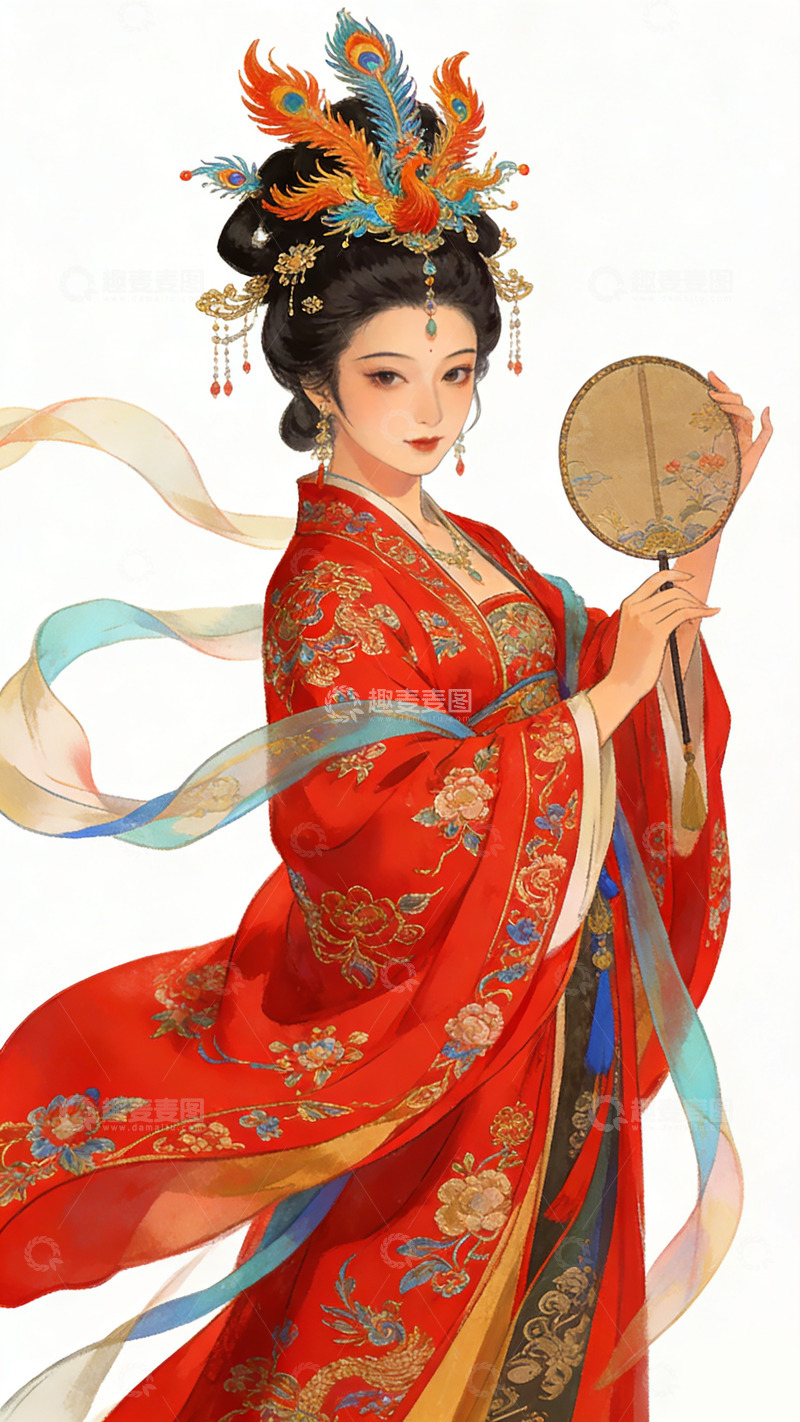 高清大图下载【趣麦麦图】古风美女插画红袍华丽