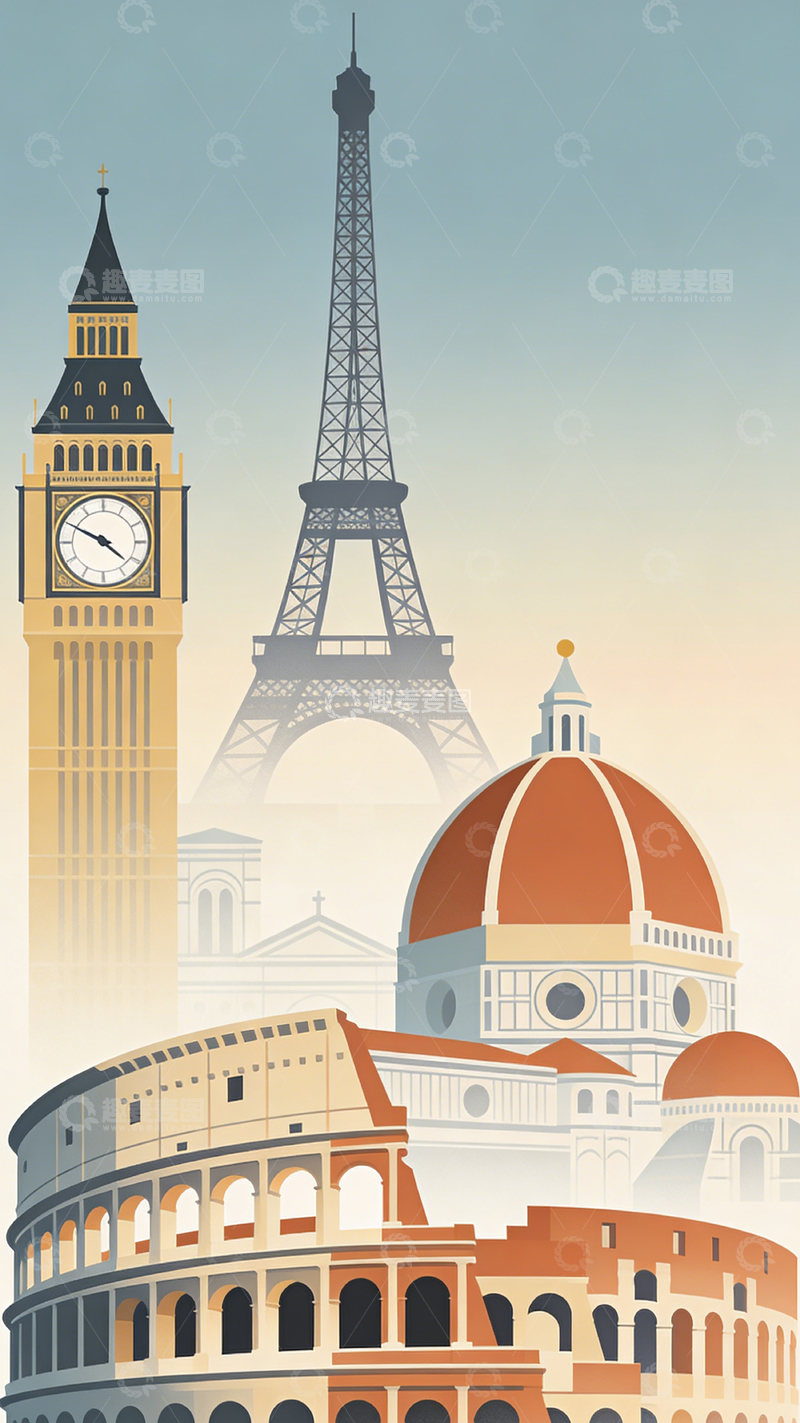 高清大图下载【趣麦麦图】复古风情世界地标插画