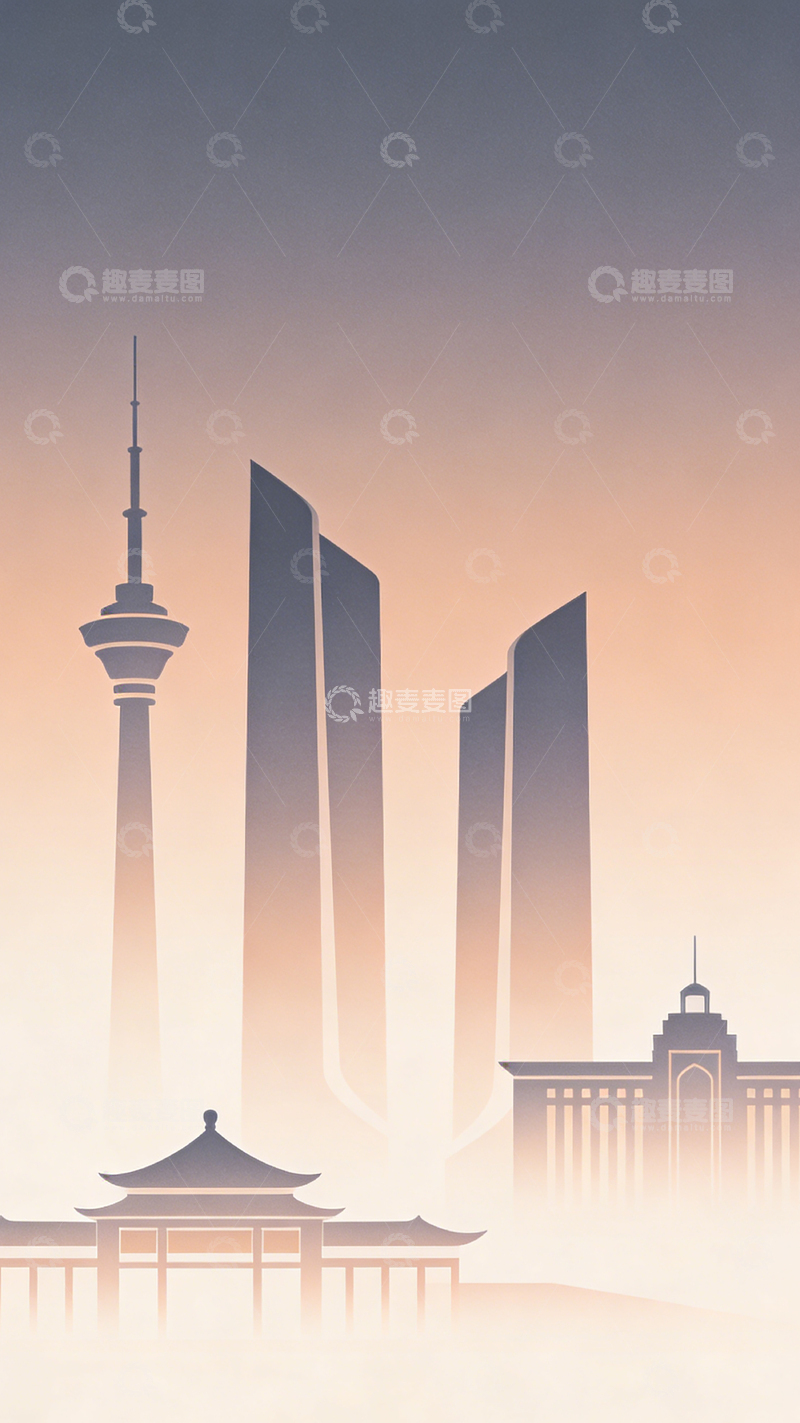 高清大图下载【趣麦麦图】现代城市剪影日出场景