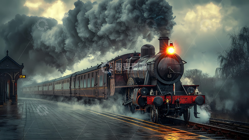 高清大图下载【趣麦麦图】蒸汽火车复古车站烟雾