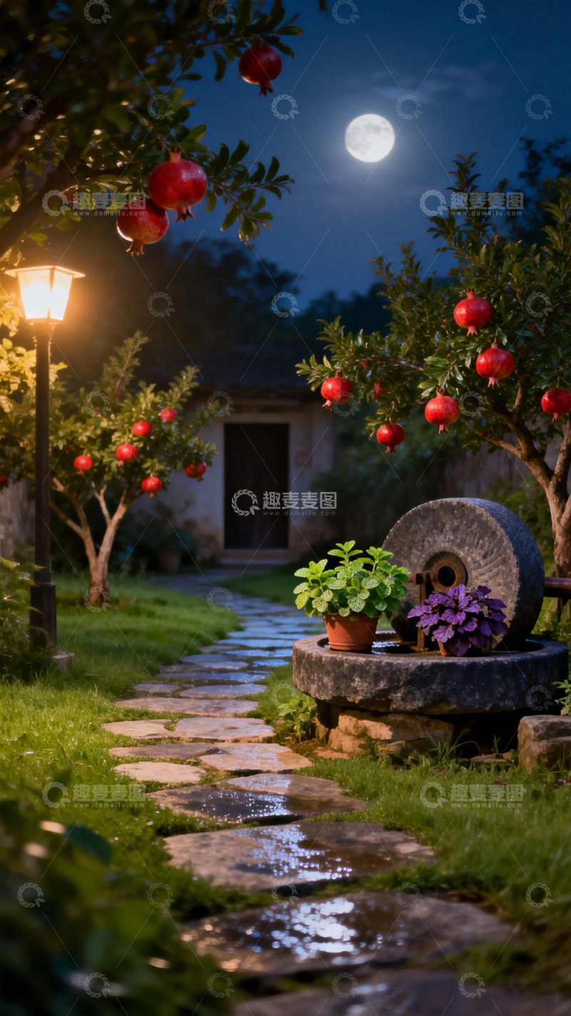 高清大图下载【趣麦麦图】月夜庭院石榴花开