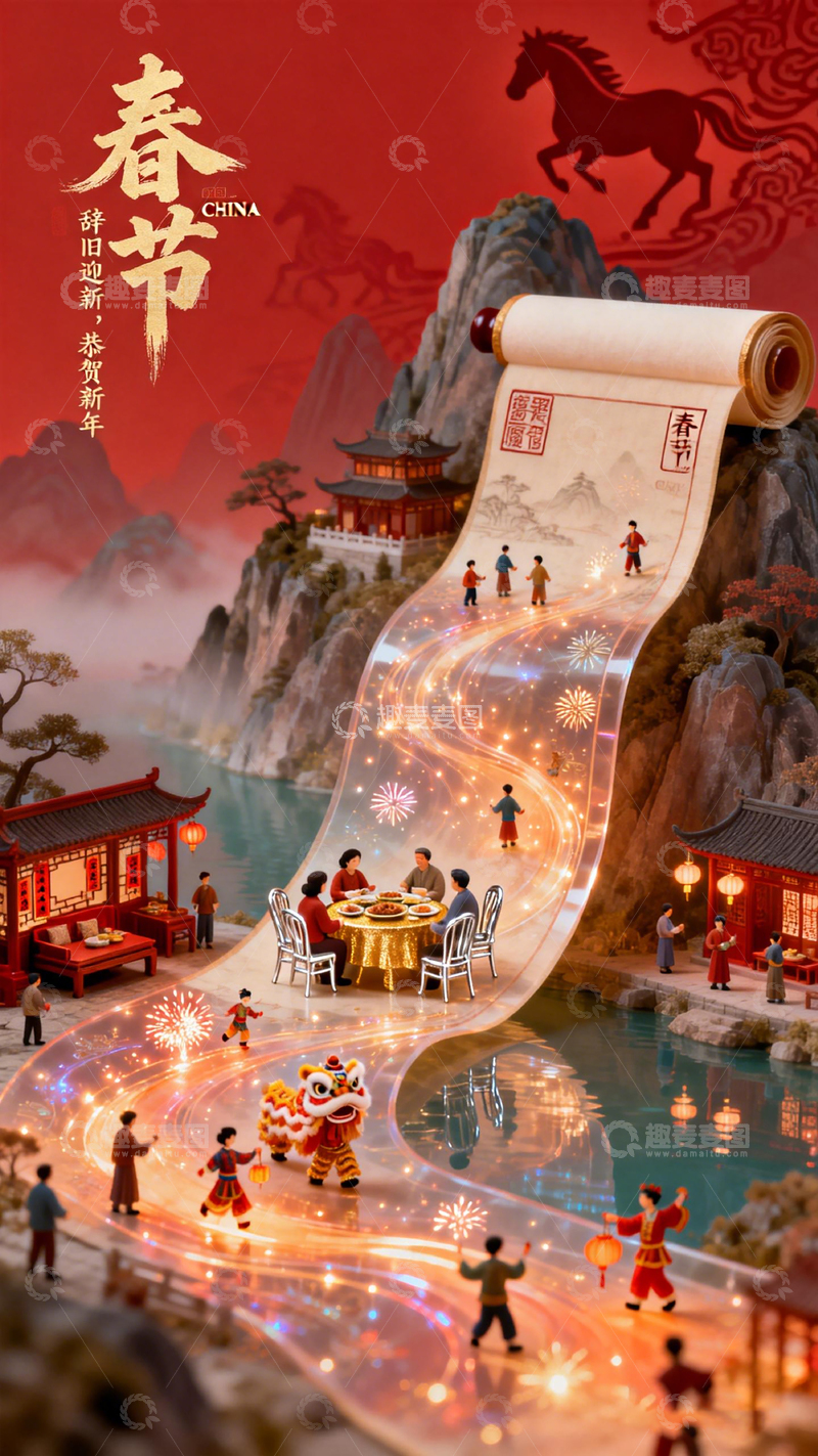 高清大图下载【趣麦麦图】春节庆典微缩景观创意插画