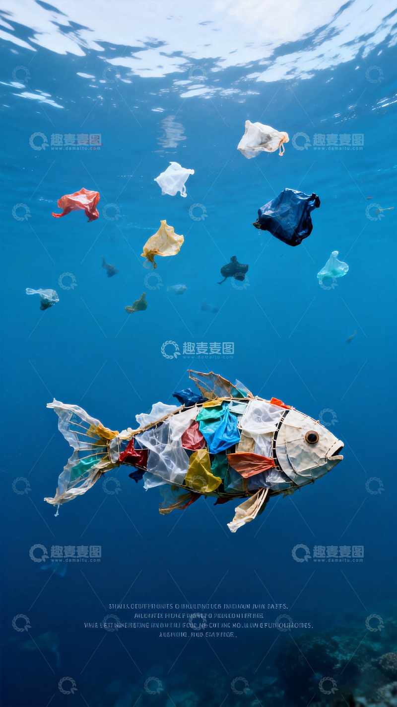 高清大图下载【趣麦麦图】海洋垃圾塑料鱼警示图