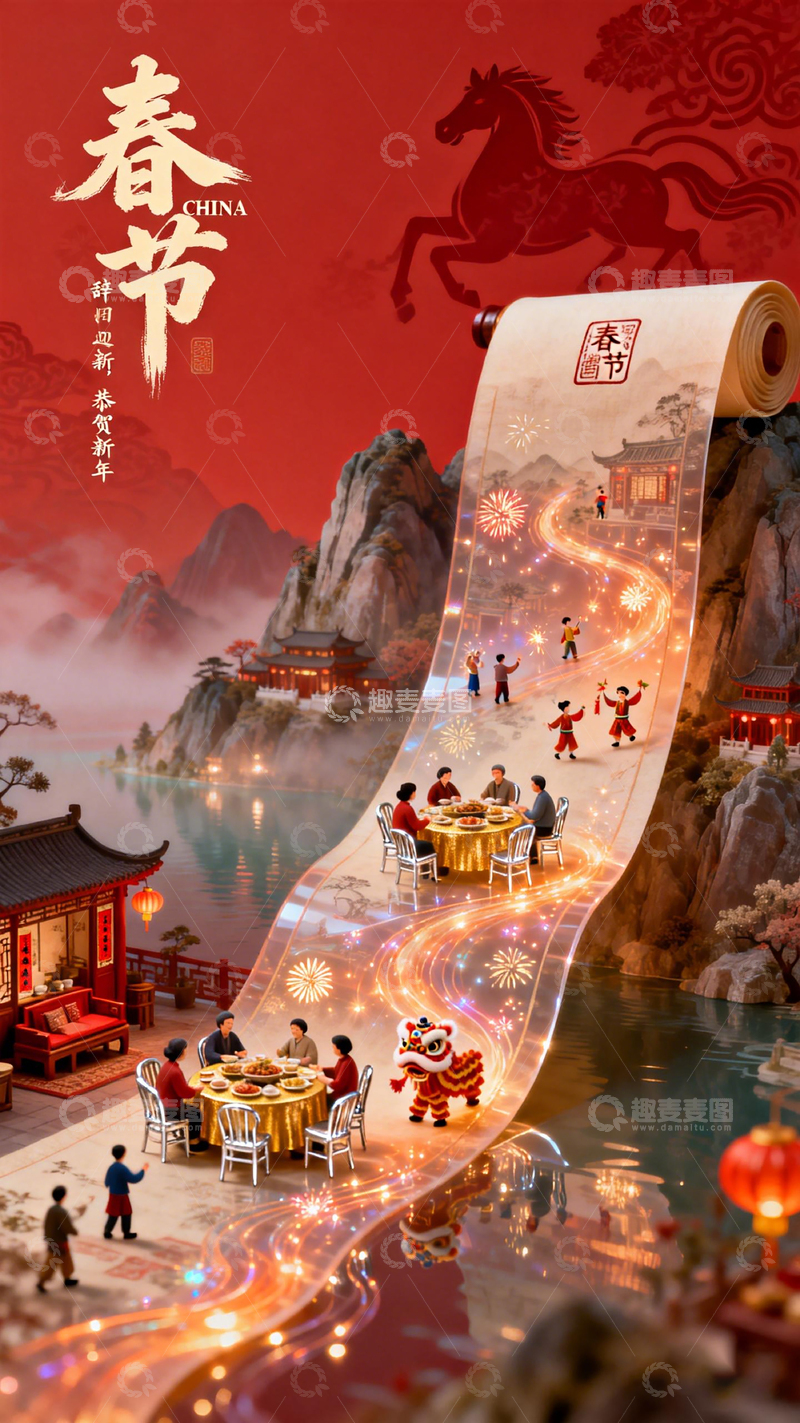 高清大图下载【趣麦麦图】春节庆典立体画卷设计素材