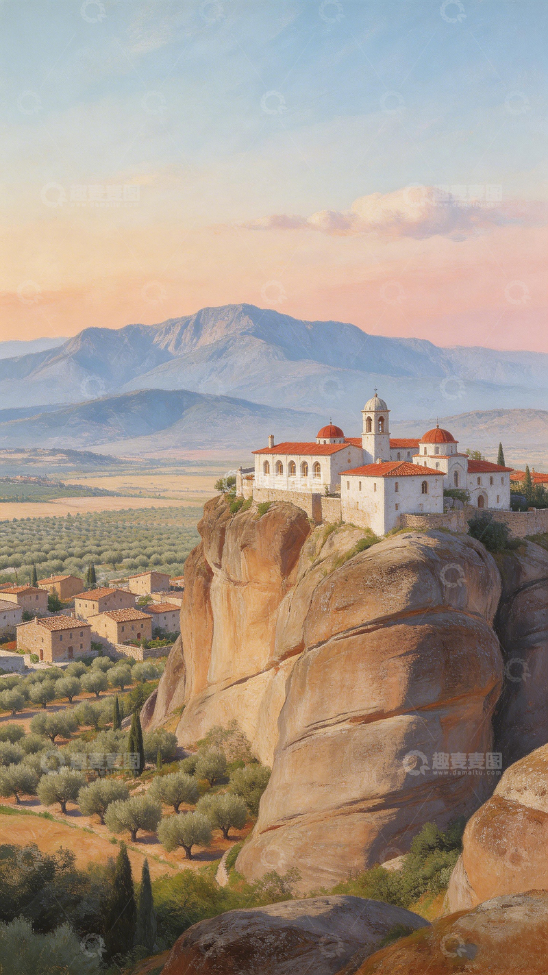 高清大图下载【趣麦麦图】岩顶小镇风光油画