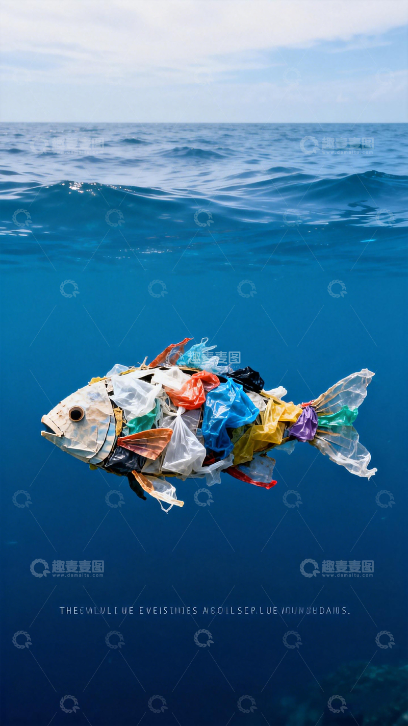 高清大图下载【趣麦麦图】海洋污染塑料鱼警示图