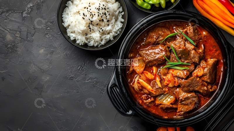 高清大图下载【趣麦麦图】炖牛肉煲配白米饭美食摄影