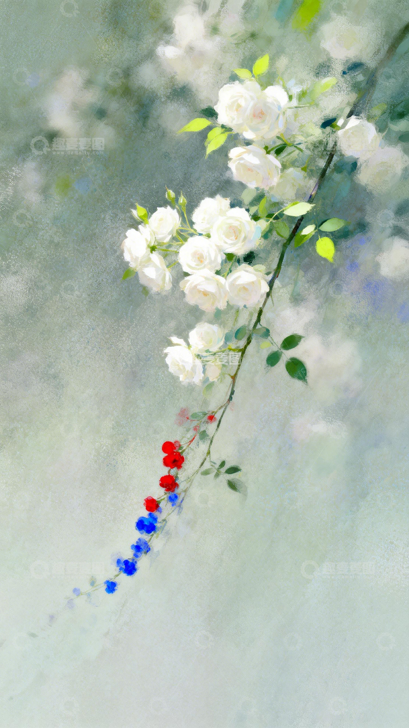 高清大图下载【趣麦麦图】水彩白玫瑰红蓝小花装饰画