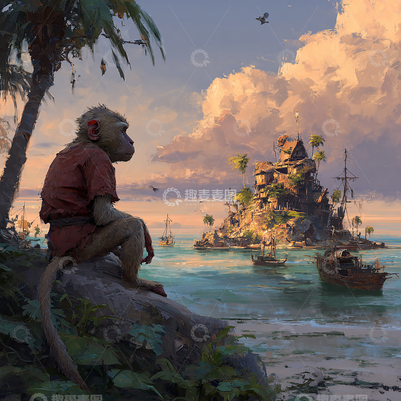 高清大图下载【趣麦麦图】孤寂猴子与海上孤城幻想